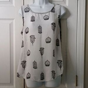Penelope  white and black birdcage printed sleeveless semi sheer blouse Sz M EUC